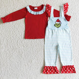 Fall Clothes Outfit Red Polka Dot Shirt Green Monster Print Blue Stripe Overall Long Pants Sets