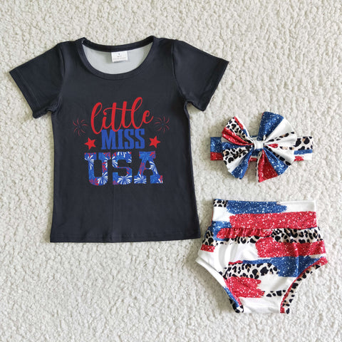 4th Of July Letter Print Black Shirt Leopard Print Bummies Baby Outfits