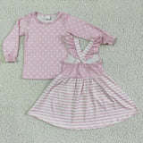 Christmas Santa Skirt Outfit Pink Polka Dot Shirt Long Sleeve Dress