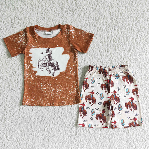 Brown Cartoon Rider Print Baby Boy Short Sleeve Shorts Summer Outfits