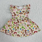 Girl Beige Cartoon Flutter Sleeve Twirl Dresses