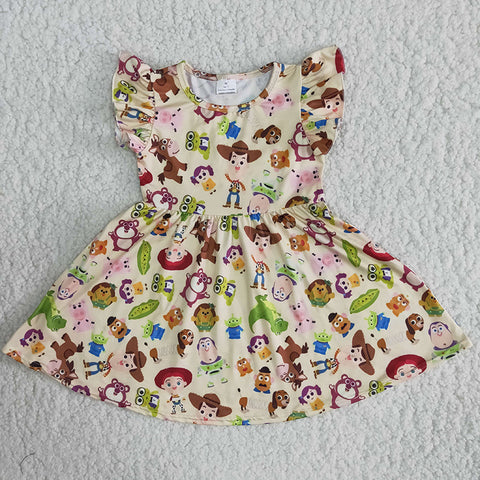 Girl Beige Cartoon Flutter Sleeve Twirl Dresses