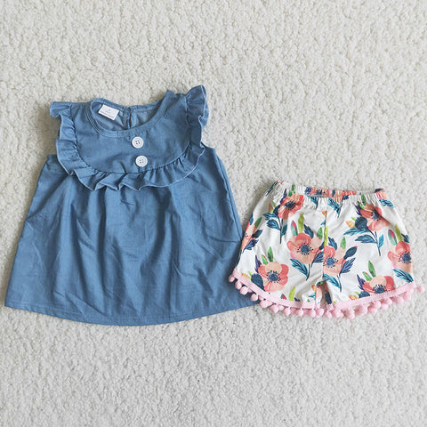 A8-4 Girl Blue Shirt Floral Shorts Outfit-promotion 2024.3.2