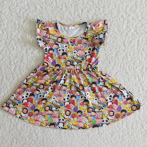 Girl Animal Cartoon Flutter Sleeve Twirl Dresses