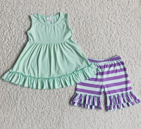 C4-9 Girl Light Green Sleeveless Striped Shorts Outfit-promotion 2024.3.30