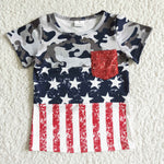 4th of July Boy  Camouflage Sequin Pocket Short Sleeve T-shirt