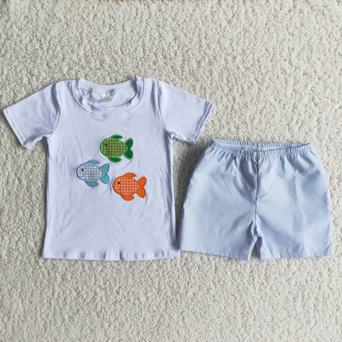 Boy Embroidery Fishes Striped Short Outfit