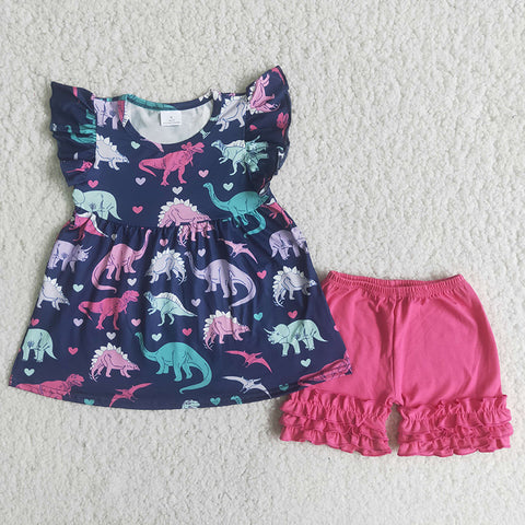 A13-16 Girl Dinosaur Fuchsia Shorts Outfit-promotion 2024.4.27