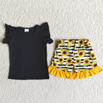 C4-4 Girl Black Shirt Sunflowers Shorts Outfit-promotion 2024.2.24