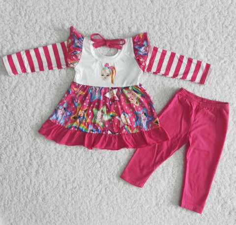 6 A33-3 Girl Cartoon Striped Tunic Fuchsia Pant Outfit-promotion 2024.9.7