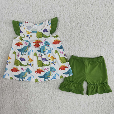 B9-2 Girl Dinosaur Green Shorts Outfit-promotion 2024.6.15