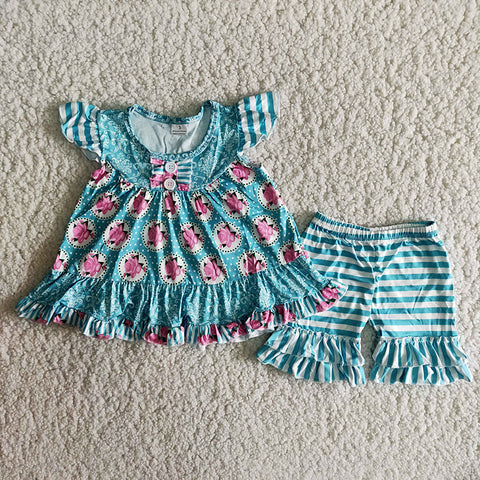 Girl Floral Blue Striped Outfit