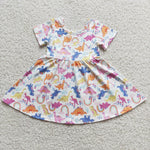 Clearance Girl Rainbow Dinosaur Short Sleeve Twirl Dresses