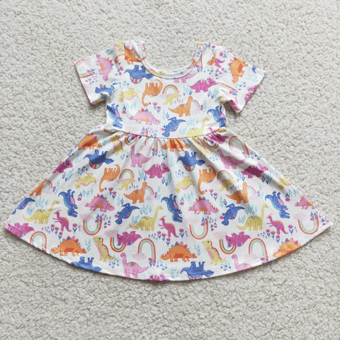 Clearance Girl Rainbow Dinosaur Short Sleeve Twirl Dresses