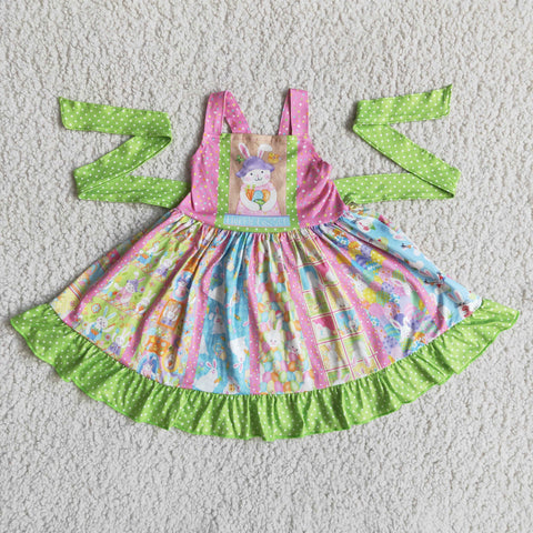 Girl Bunny & Eggs Patchwork Sleeveless Patchwork Twirl Dress