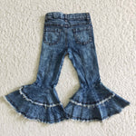 Girl Denim Blue Holes Bell Bottom Jeans