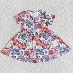 Girl Colorful Car Cartoon Short Sleeve Twirl Dress