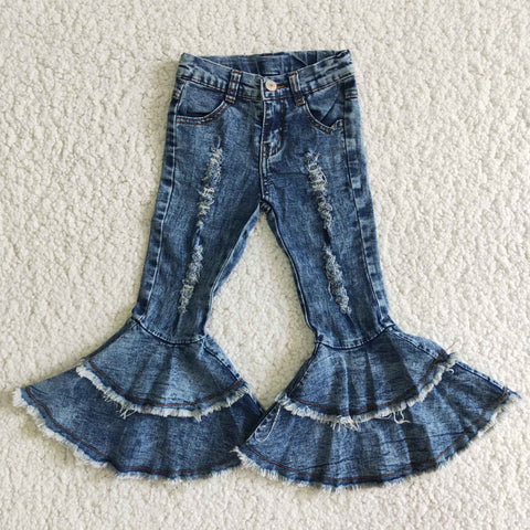 Girl Denim Blue Holes Bell Bottom Jeans