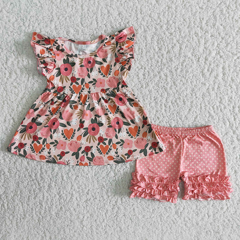B6-13 Girl Floral Pink Polka Dot Shorts Outfit-promotion 2024.3.16