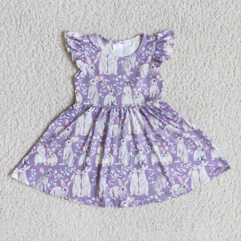 Girl Purple Rabbits Short Sleeve Twirl Dresses