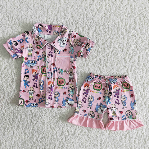 B4-14 Girl Pink Cartoon Shorts Pajamas Outfit-promotion 2024.2.24