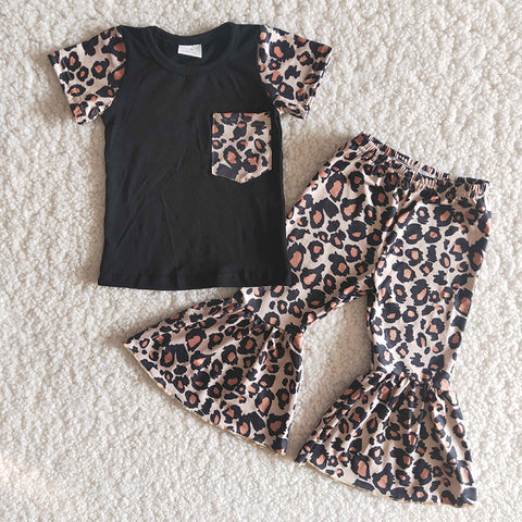 Clearance Girl Black Shirt Leopard Pant Outfit