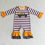 Fall Ruffle Lace Strip Pumpkin Embroidery Long Sleeve Baby Romper