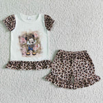 GSSO0079 Leopard Bow Print Short Sleeve Shorts Cartoon Print Girls Summer Clothing Outfit-promotion 2024.5.18