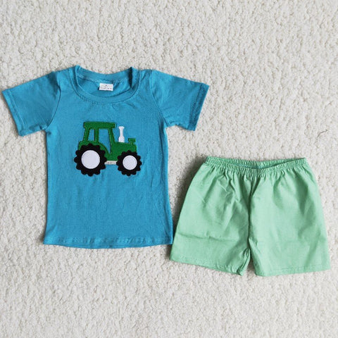Boy Embroidery Truck Green Shorts Outfit