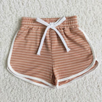 Clearance Girl Light Brown Cotton Thick Striped Shorts