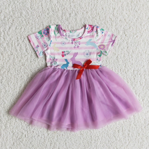 Girl Bunny Floral Purple Grenadine Short Sleeve Dress