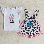 Girl Farm Cow Print Overall Short Outfit