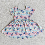 E8-17 Girl Rainbow Striped Cartoon Short Sleeve Twirl Dresses-promotion 2024.1.27