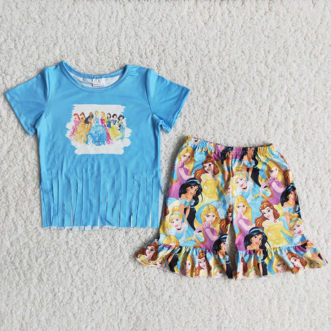 Girl Blue Tassels Princess Shorts Outfit