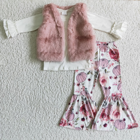 Pink Vest White Long Sleeve Shirt Pink Flower Bell Bottom Pants Girls Outfit