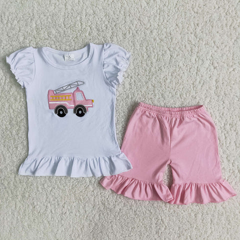 Girl Embroidery Fire Fighting Truck Outfit