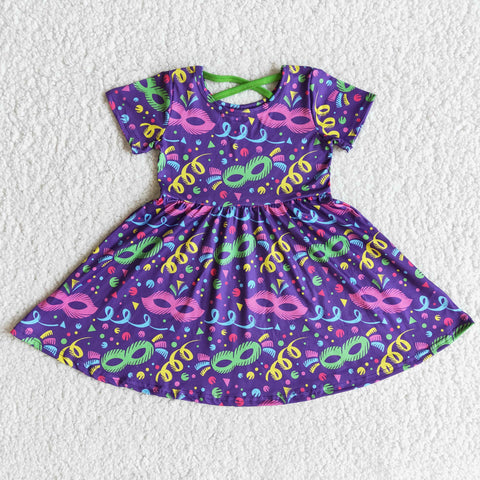 Mardi Mras Short Sleeve Girl Twirl Purple Dress