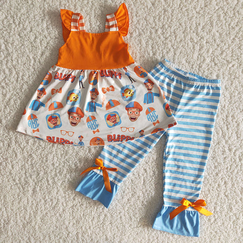 B14-2 Girl Orange Cartton Sleeveless Striped Pant Outfit-promotion 2024.7.13