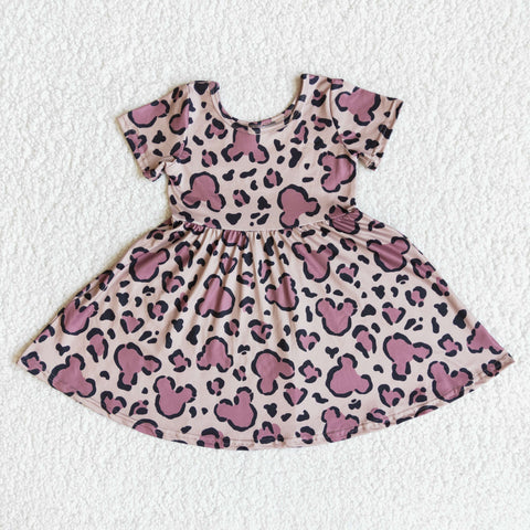 E13-13 Girl Leopard Cartoon Short Sleeve Twirl Dress-promotion 2024.1.6