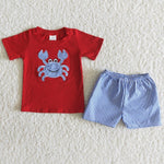 Boy Embroidery Red Crab Plaid Shorts Outfit