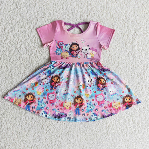 B1-3  Girl Pink Cartoon Short Sleeve Twirl Dress-promotion 2024.1.20