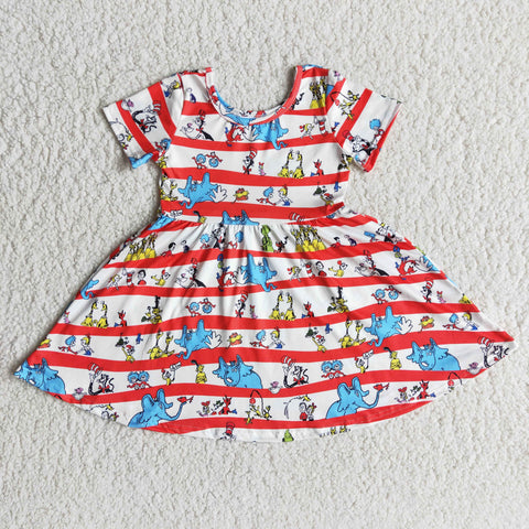 B1-11 Girl Cartoon Red Striped Short Sleeve Twirl Dress-promotion 2024.1.20