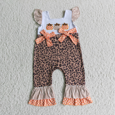 Baby Girl Pumpkin Embroidery Leopard Sleeveless Summer Romper