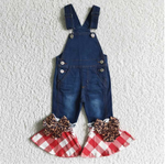 Dark Blue Red Plaid Leopard Denim Pants Girls Ruffle Overall Jeans