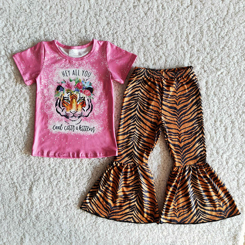 B11-14 Girl Pink Tiger Bell Bottom Outfit-2024.4.27