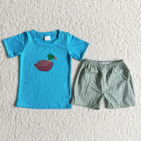 Boy Embroidery Duck Plaid Shorts Outfit