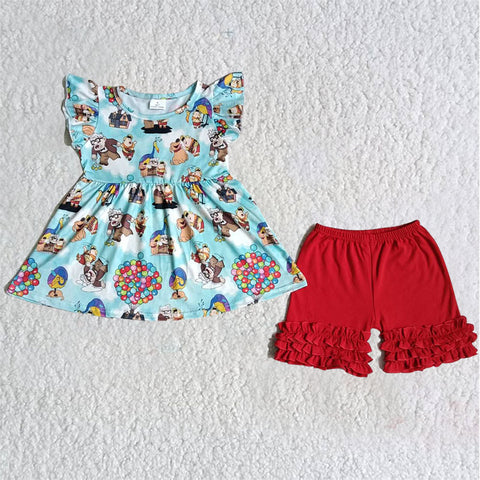 Girl Blue Cartoon Red Shorts Outfit