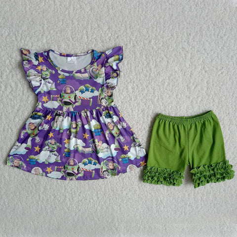 B18-2 Girl Cartoon Green Shorts Outfit-promotion 2024.3.9