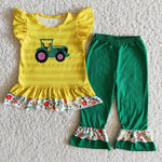B9-16 Girl Tractor Stripe Green Pant Outfit-promotion 2024.2.24