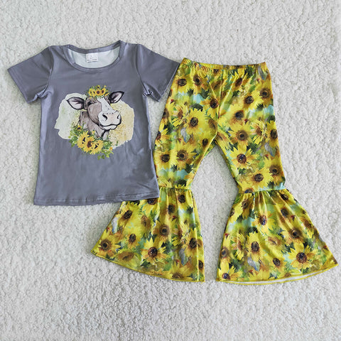 B9-15 Girl Grey Cow Sunflowers Outfit-2024.4.27